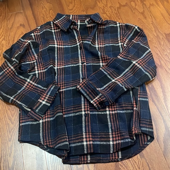 Dark Academia Blue Plaid Flannel Button Down Top - Picture 6 of 11